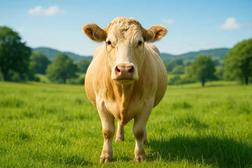Grass-fed cow standing in a green pasture, representing the natural source of high-quality tallow for skincare.