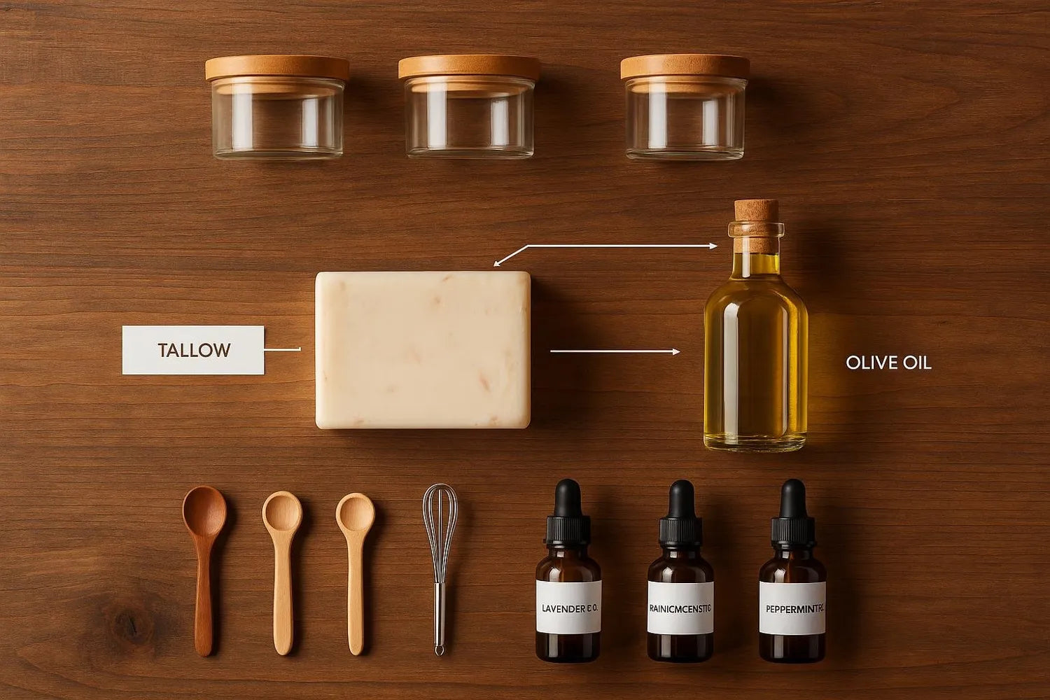 Flatlay van een tallow zeepblok met olijfolie, etherische oliën en houten accessoires