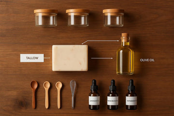 Flatlay van een tallow zeepblok met olijfolie, etherische oliën en houten accessoires