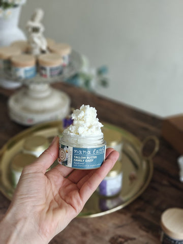 Whipped tallow face balm texture in a glass jar, handmade in Belgium