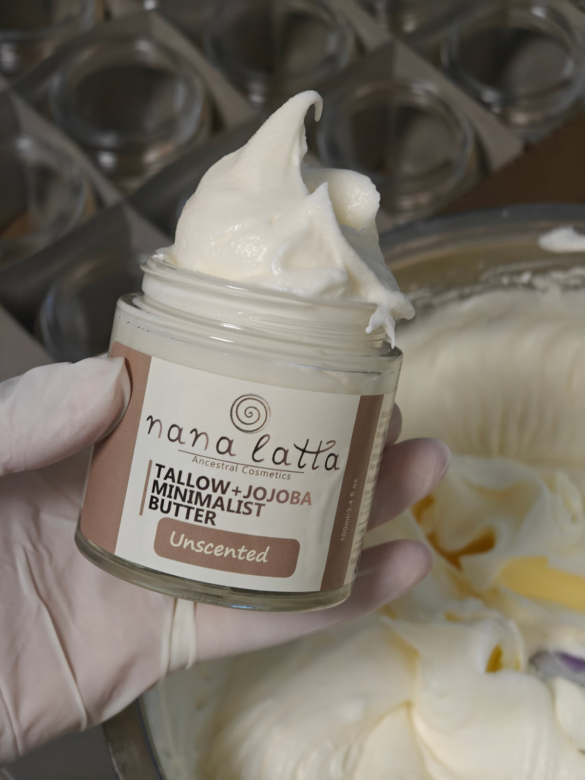 Freshly whipped tallow butter in a Nana Latta jar during filling
