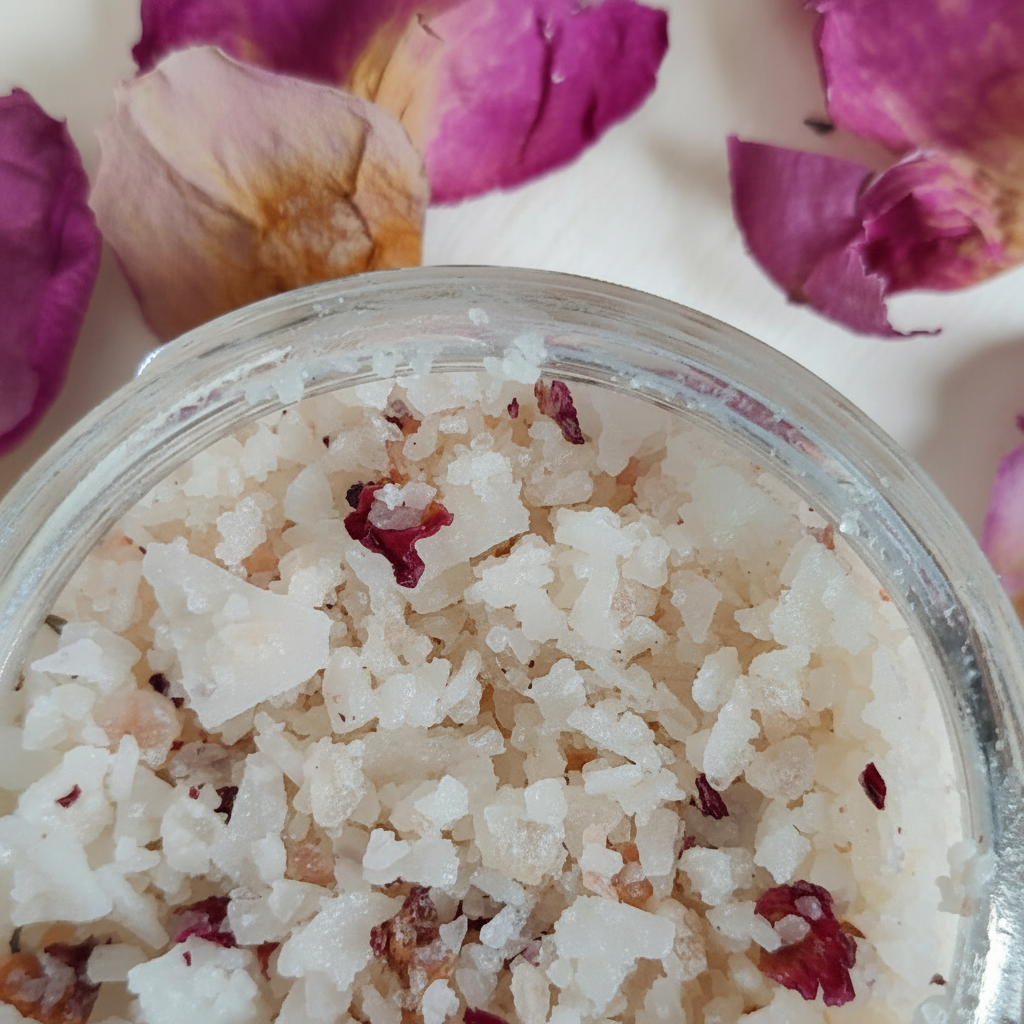 Close-up of a jar filled with white bath salts with red flowers, surrounded by rose petals on a light background.