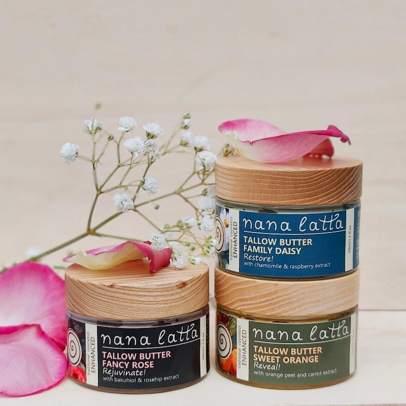 Nana Latta face trio – three tallow butter jars stacked with petals and small flowers.