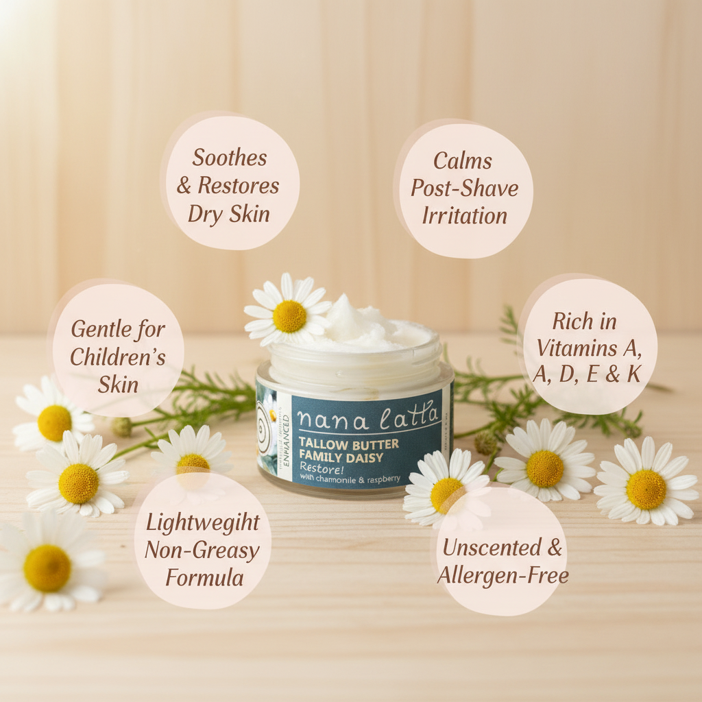 Nana Latta tallow butter family daisy body balm with daisy flowers on a wooden background