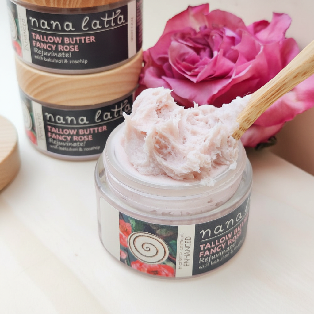 Jar of nana latta tallow butter with a pink rose in the background
