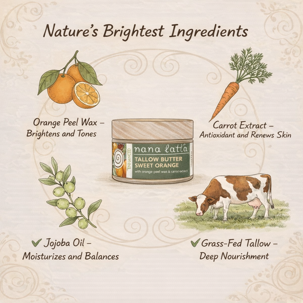 Illustration of a tallow butter product with nature-themed elements and text about ingredients.