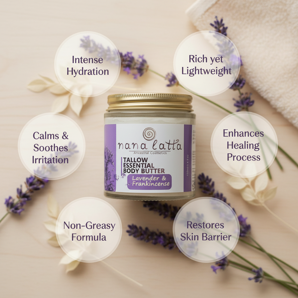 Jar of nana latta body butter with lavender flowers on a light background