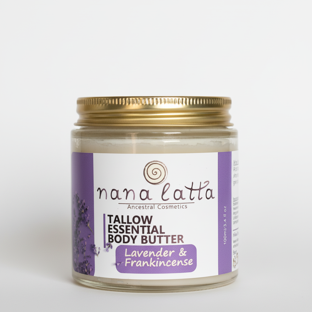 Jar of nana latta tallow essential body butter with lavender and frankincense on a white background
