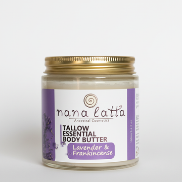 Jar of nana latta tallow essential body butter with lavender and frankincense on a white background