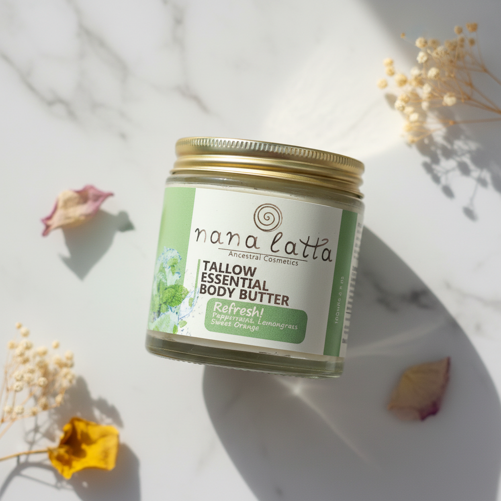 Jar of nana latta Tallow Essential Body Butter on a marble surface with flowers.