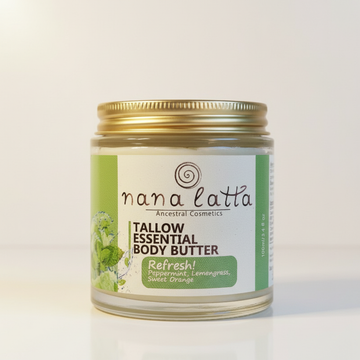 Jar of nana latta tallow essential body butter on a light background