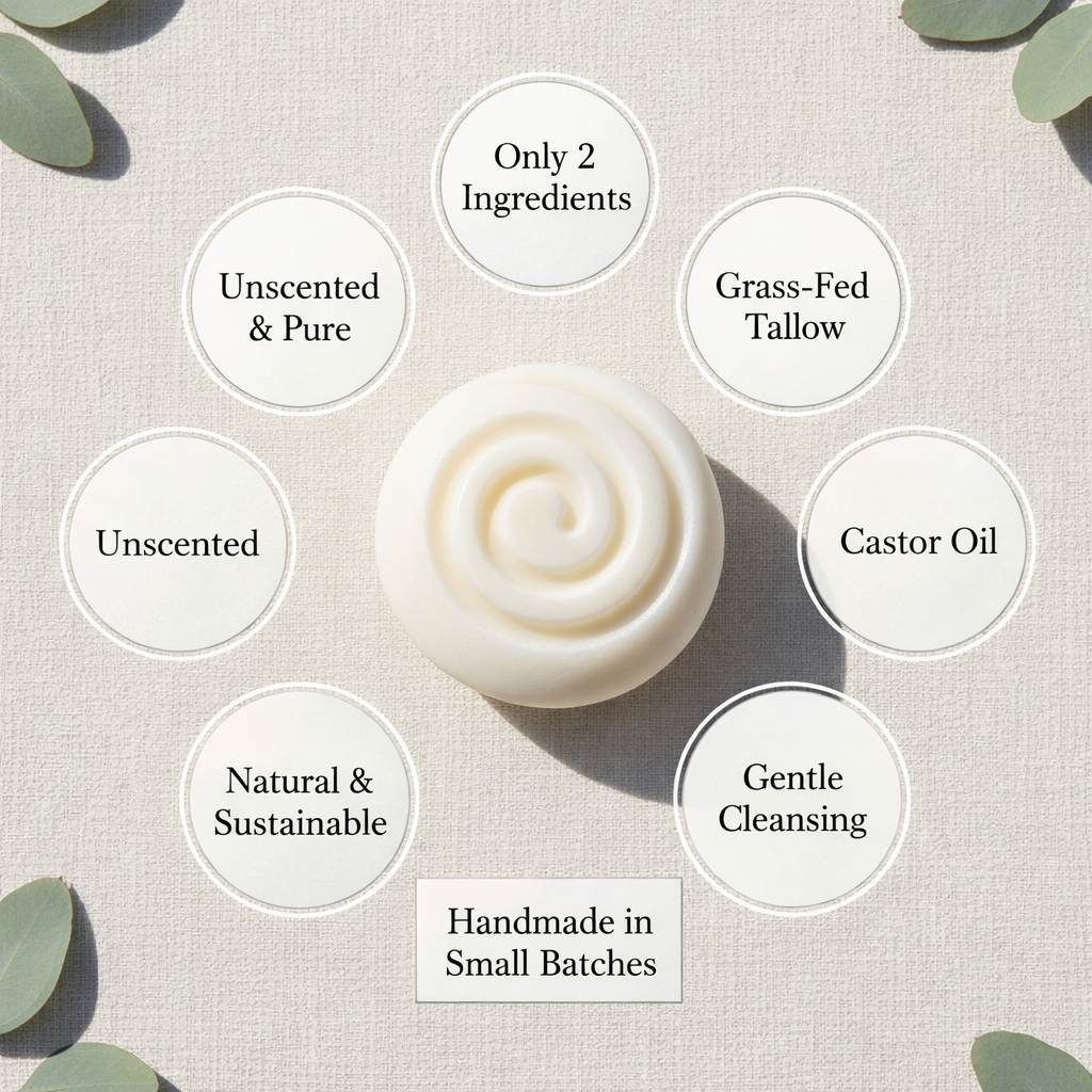 Tallow soap bar with text labels on a light background